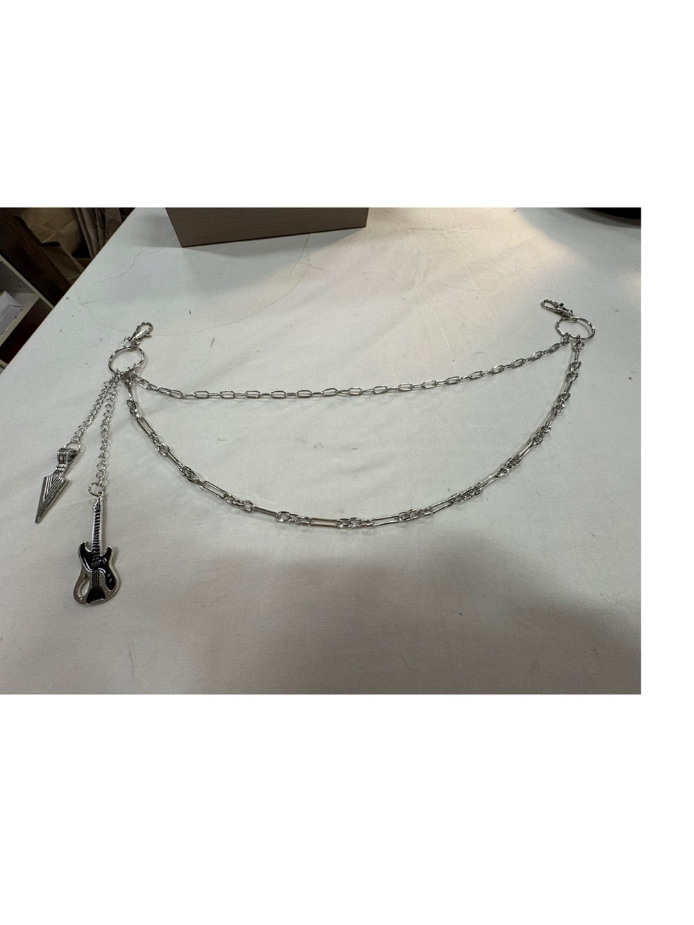Silver Double-Chain with Guitar and Spike Charms for Bags and Wallets  20”
